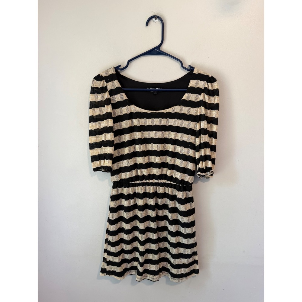 Sequin Hearts Womens Black Gold Metallic Striped Fit & Flare Dress Small Puffed